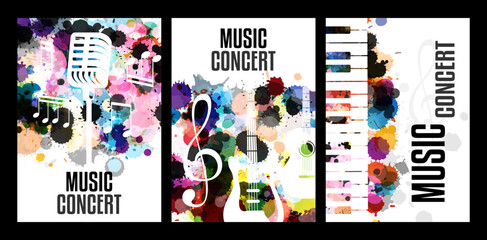 Music festival concept. Live music concert. Vertical vector posters with paint splash design elements
