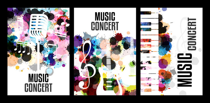 Music festival concept. Live music concert. Vertical vector posters with paint splash design elements