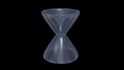 Transparent hourglass. Clear plastic, see through hourglass with single drop at bottom. 3d render illustration.