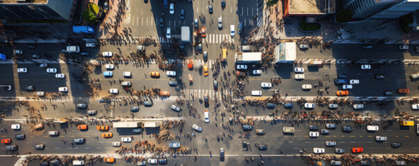 Bustling city intersection from a bird's-eye perspective - obrazy, fototapety, plakaty