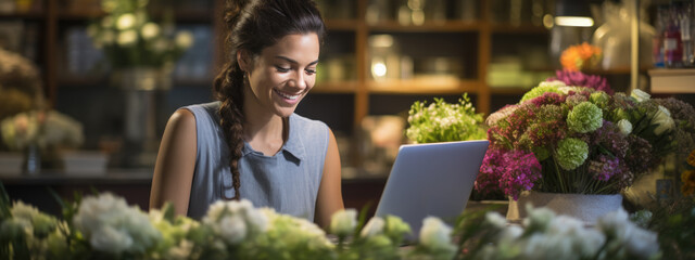 Portrait of woman entrepreneur sitting in own flower shop, working on laptop.