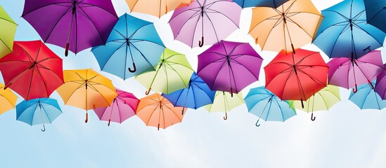 Various vibrant flying umbrellas