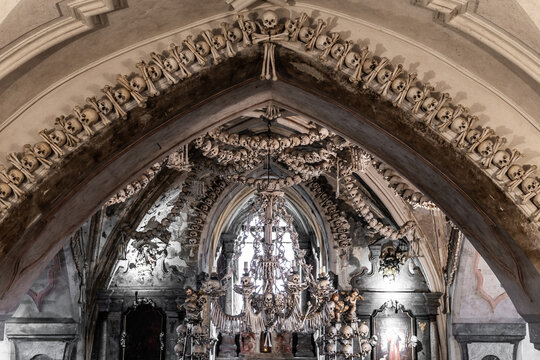 Kutna Hora, Czech Republic, May 2019 - view of the Sedlec Ossuary interior