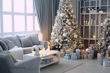 Modern house christmas tree, gifting presents. happy holidays conceptual image. New year