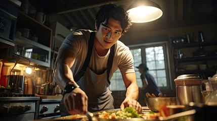 Fotobehang Young asian man cooking at his home, asian cuisine, young man living alone, new hobby © Banana Images