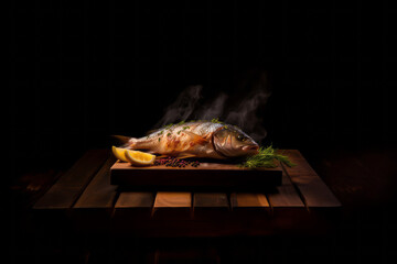 Close up of grilled fish food with salt on wooden plate with smoke on dark background