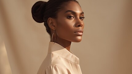 Fashion beige minimalist background with african american model, styling, young professional model
