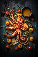 yummy grilled octopus with lemon and tomatoes, Generative Ai