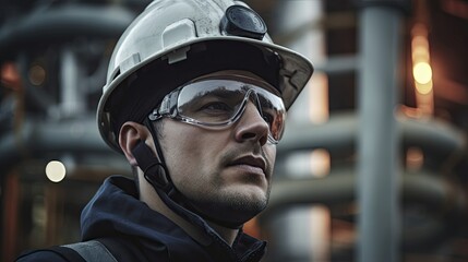 Factory worker at an oil refinery doing the job, night shift concept, natural resources concept.