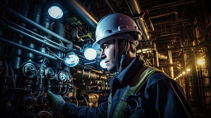 Oil refinery worker checking levels during shift, blue collar workers