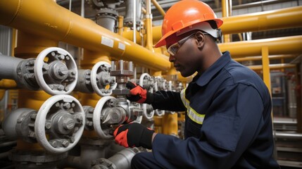 Oil refinery worker checking levels during shift, blue collar workers