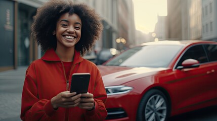 modern genz young african american black woman buying new car, cinematic tv spot concept. - obrazy, fototapety, plakaty