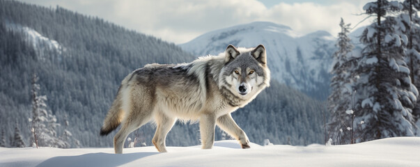 Lone wolf traversing a snowy wilderness