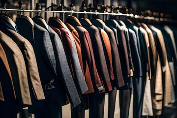 A lineup of tailored suits in various patterns and colors, waiting for a fitting. - obrazy, fototapety, plakaty