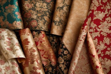 A collection of vintage brocade fabrics, each with a unique historical flair.