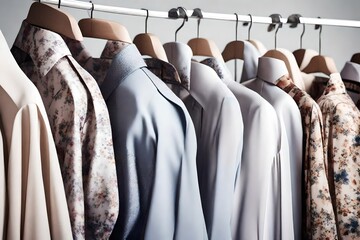 A row of tailored blouses in luxurious fabrics, perfect for any fashion-forward woman.
