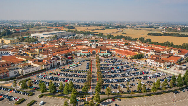 Italy, Serravalle, September 2019 - Aerial view of Serravalle Designer Outlet