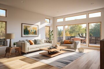 modern midcentury house living room, real state concept, new house model. - obrazy, fototapety, plakaty