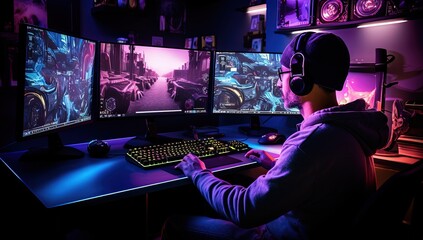 Fototapeta na wymiar a man playing computer game in blue purple neon light studio room, online lifestyle, Generative Ai