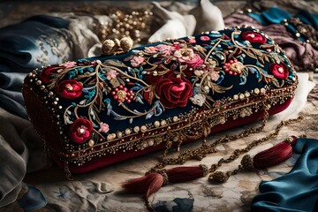 A luxurious velvet evening clutch, adorned with intricate beading and embroidery.
