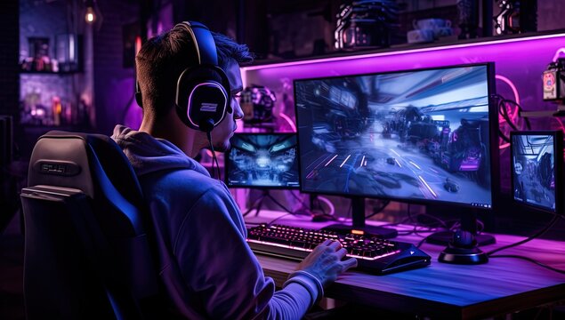 a man playing computer game in blue purple neon light studio room, online lifestyle,  Generative Ai