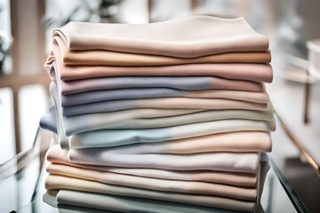A stack of perfectly folded pastel cashmere sweaters on a glass table in a minimalist showroom.
