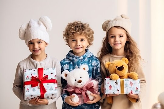 group young kids holding christmas presents, happy smiling to camera
