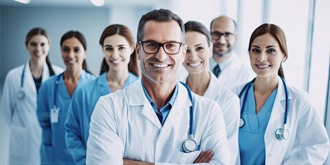 Smiling Medical Team Standing In Modern Hospital Building