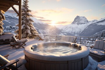 Naklejka premium Snow-covered hot tub on the terrace of a mountain retreat, allowing guests to soak while surrounded by snowy beauty - Generative AI