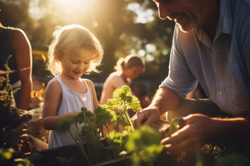 Kids helps grandparents with gardening. Little child is in kitchen garden. Raised garden beds with plants in vegetable community garden. - obrazy, fototapety, plakaty
