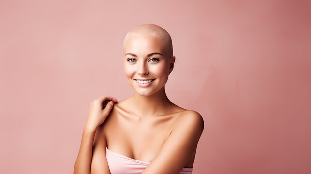 Studio image of a happy cancer woman patient, pink background, awareness and charity concept.