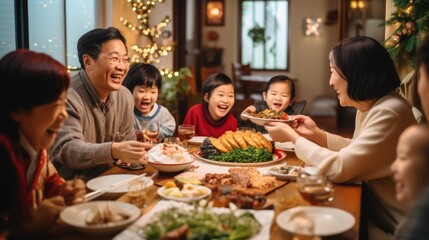 Big asian family dinner table , eating together,christmas and thanksgiving concept.New year chinese - obrazy, fototapety, plakaty
