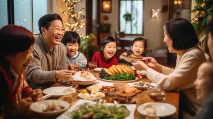 Rolgordijnen Big asian family dinner table , eating together,christmas and thanksgiving concept.New year chinese © Banana Images