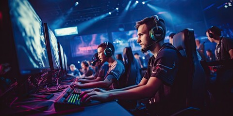 Videogame professional e-sport competing concept. Gamers earning money during a tournament.