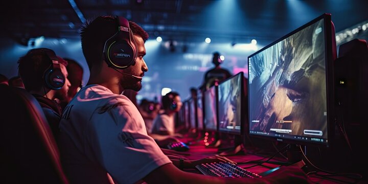 Videogame professional e-sport competing concept. Gamers earning money during a tournament.