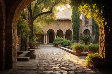 Medieval monastery courtyard with cobblestone paths, stone archways, and lush gardens