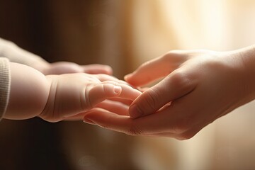 Mother holding baby hand, cinematic tones, parent taking care of the child. New parenthood concept - obrazy, fototapety, plakaty