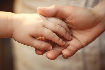 Mother holding baby hand, cinematic tones, parent taking care of the child. New parenthood concept