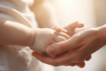 Mother holding baby hand, cinematic tones, parent taking care of the child. New parenthood concept - obrazy, fototapety, plakaty