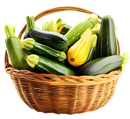 Close view of a wicker basket of zucchinis (courgettes) , isolated, no shadow