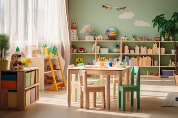 Interior of modern children's room with play tent and games, table to play, primary school classroom