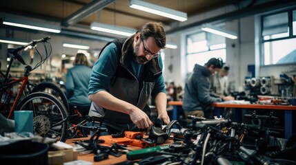 Expert man working repairing and maintenance a bike, workshop daily routine. - obrazy, fototapety, plakaty