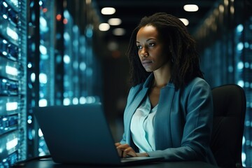 A young African American woman with a laptop stands in the server room. Collection and storage of large amounts of data. Checks the operation of servers and automation.