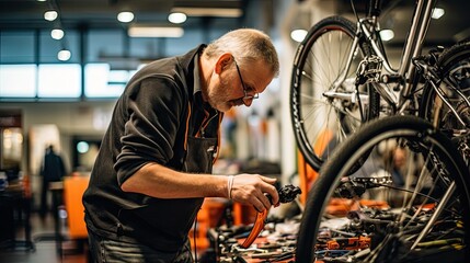Expert man working repairing and maintenance a bike, workshop daily routine. - Powered by Adobe