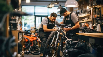 Foto op Plexiglas Expert man working repairing and maintenance a bike, workshop daily routine. © Banana Images