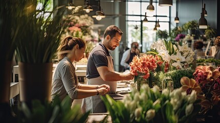 Flower shop workers taking care of the plants, colorful modern indie and hipster shop