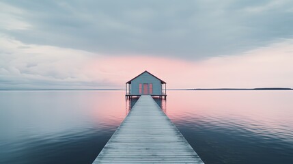 minimal style background, small sea cabin with gradient pink blue gradient sky, Generative Ai