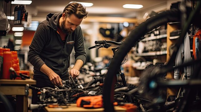 Expert man working repairing and maintenance a bike, workshop daily routine.