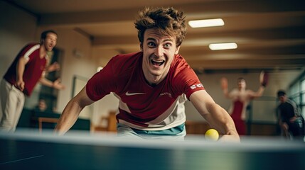 People playing table tennis during a competition, fun and happy moment, wide angle shot