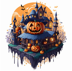 Halloween background with pumpkins and Full Moon, Halloween background with Evil Bat Pumpkin. Spooky scary dark Night forrest. Holiday event halloween banner white background Tshirt design concept